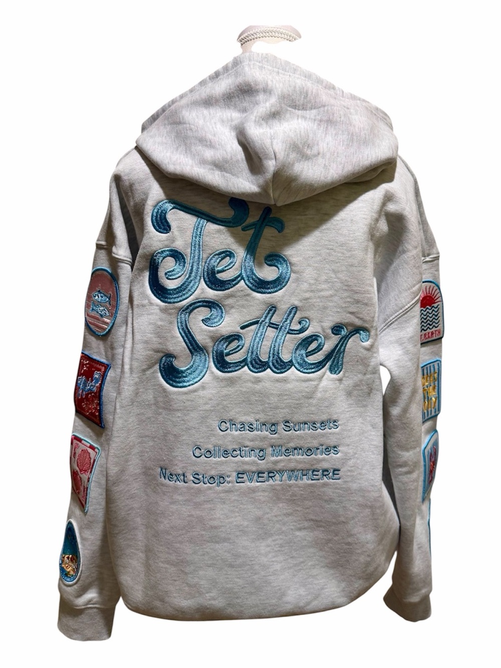 Vintage Havana JetSetter Embroidered Light Gray Hoodie with Patch Sleeve Size M